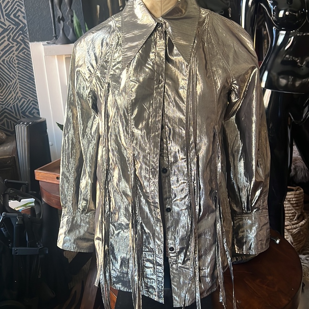 Rejina Pyo Lana fringed metallic lame shirt in silver. Size XS. EUC. - Picture 5 of 5